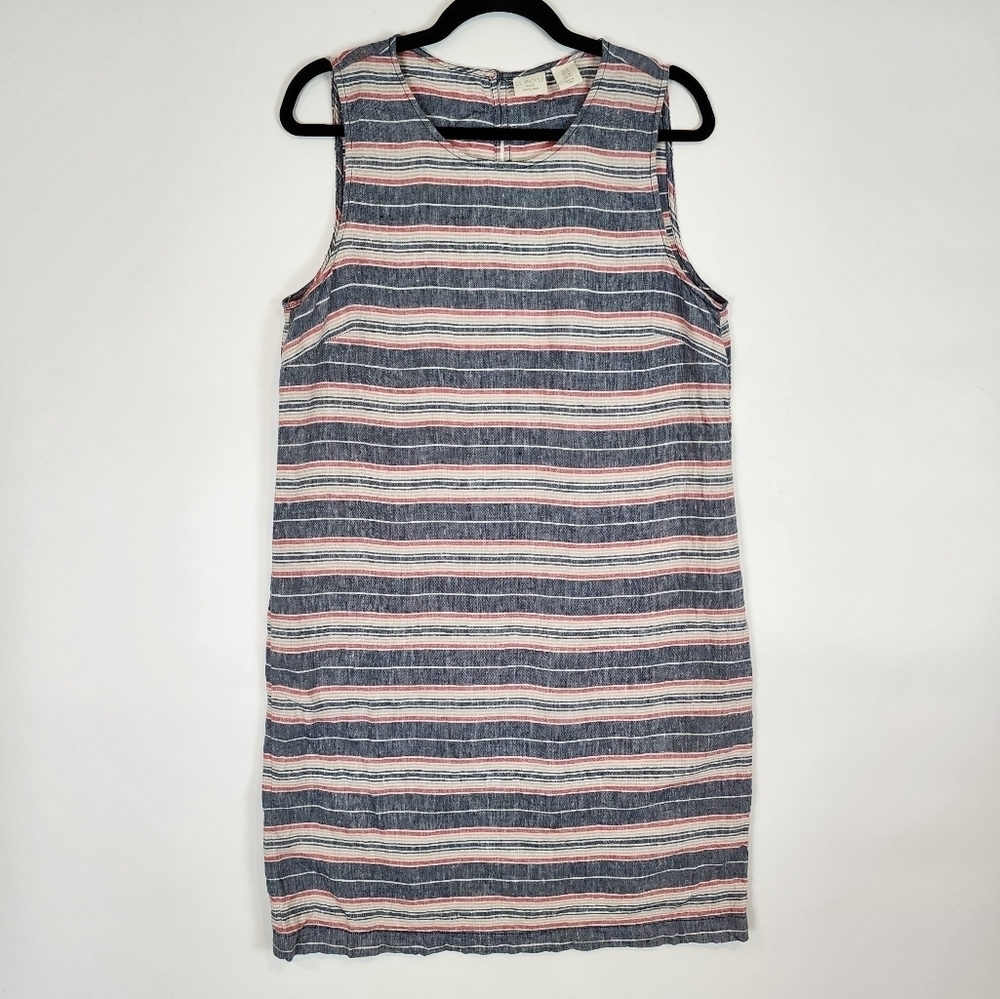 St. Tropez West 100% Linen Stripe Summer Dress Breathable Beachy Red Blue Tan 10 - Picture 3 of 11